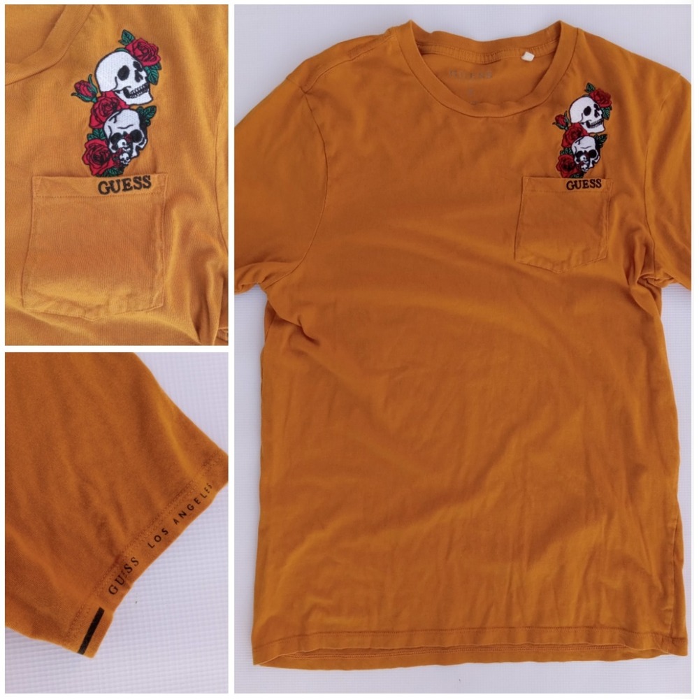 GUESS Los Angeles Skull Rose T Shirt Men'sβ Embroidered Pocket Tee Goth Grunge
